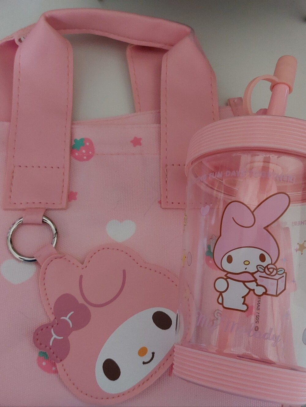 Pink  Tote with Hearts, Stars and Strawberry Charm and Cup